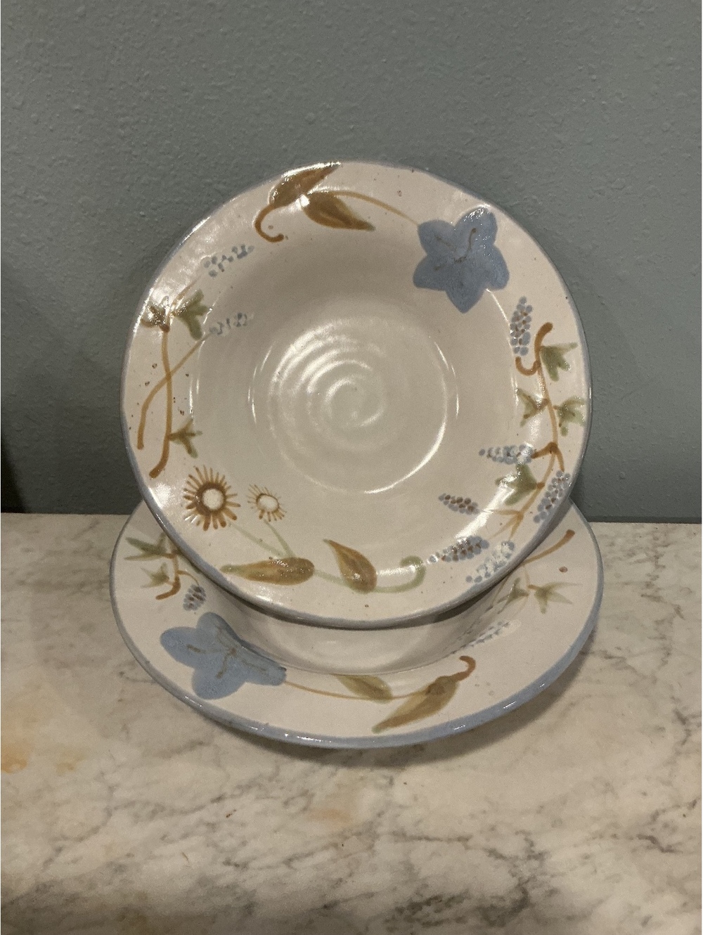 Vintage Hand Painted Pottery Bowl Set of 2 Blue Floral Rustic Farmhouse